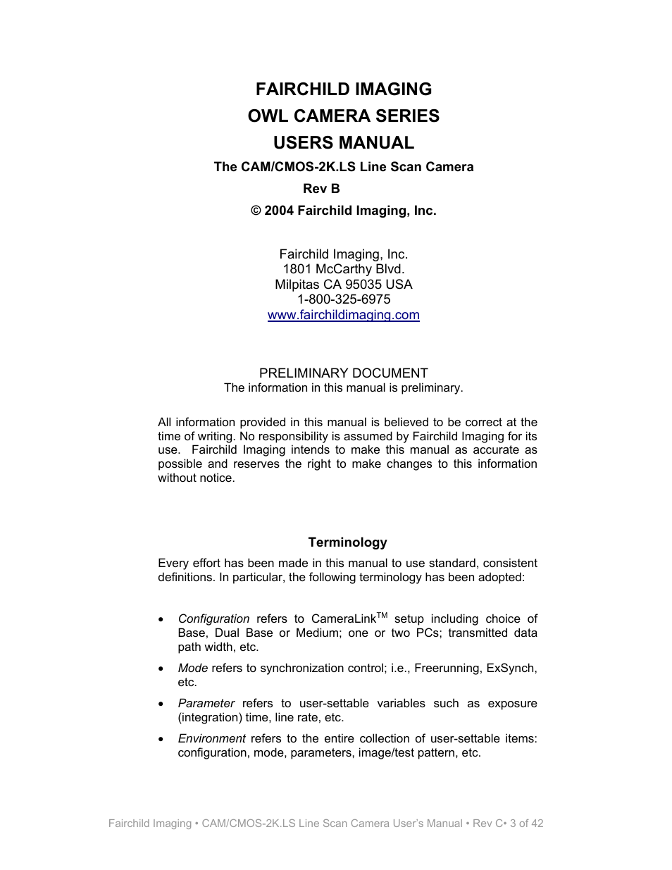 Users manual, The cam/cmos-2k.ls line scan camera, Fairchild imaging owl camera series users manual | Fairchild CAM/CMOS-2K.LS User Manual | Page 3 / 42
