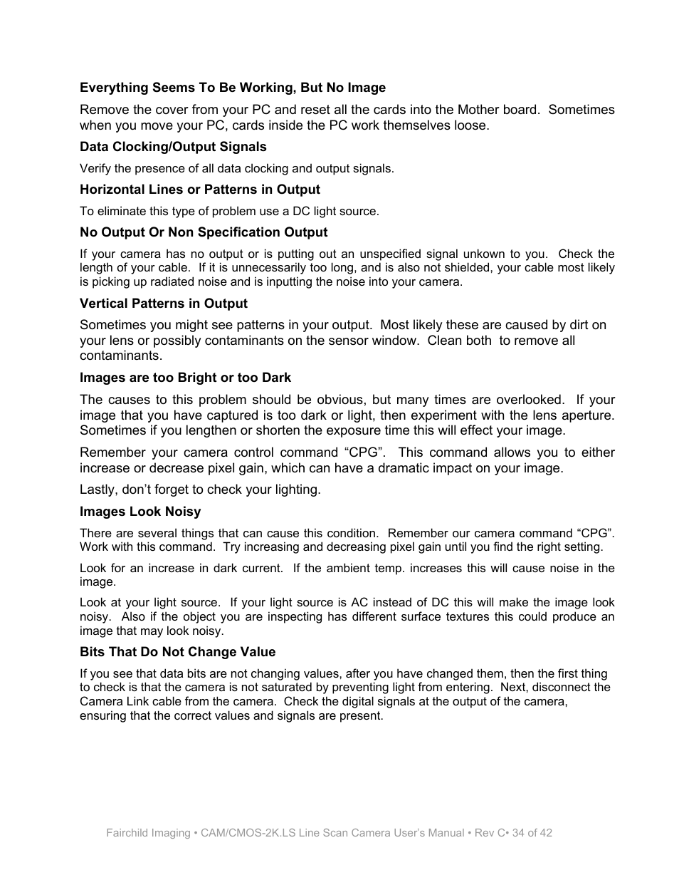 Data clocking/output signals, Horizontal lines or patterns in output, No output or non specification output | Vertical patterns in output, Images are too bright or too dark, Images look noisy, Bits that do not change value | Fairchild CAM/CMOS-2K.LS User Manual | Page 34 / 42