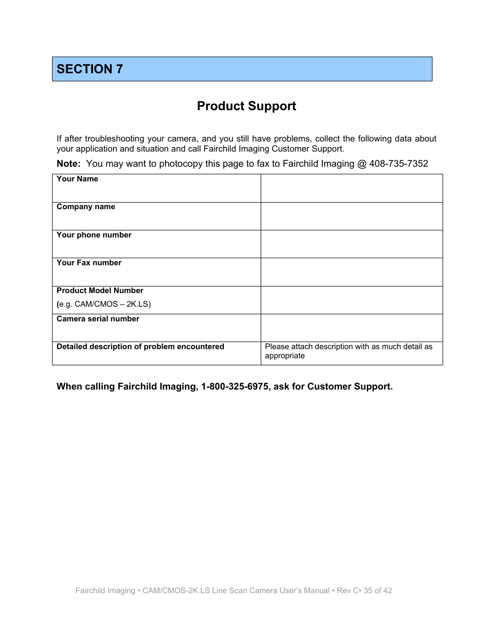 Section 7, Product support, Your fax number | Fairchild CAM/CMOS-2K.LS User Manual | Page 35 / 42