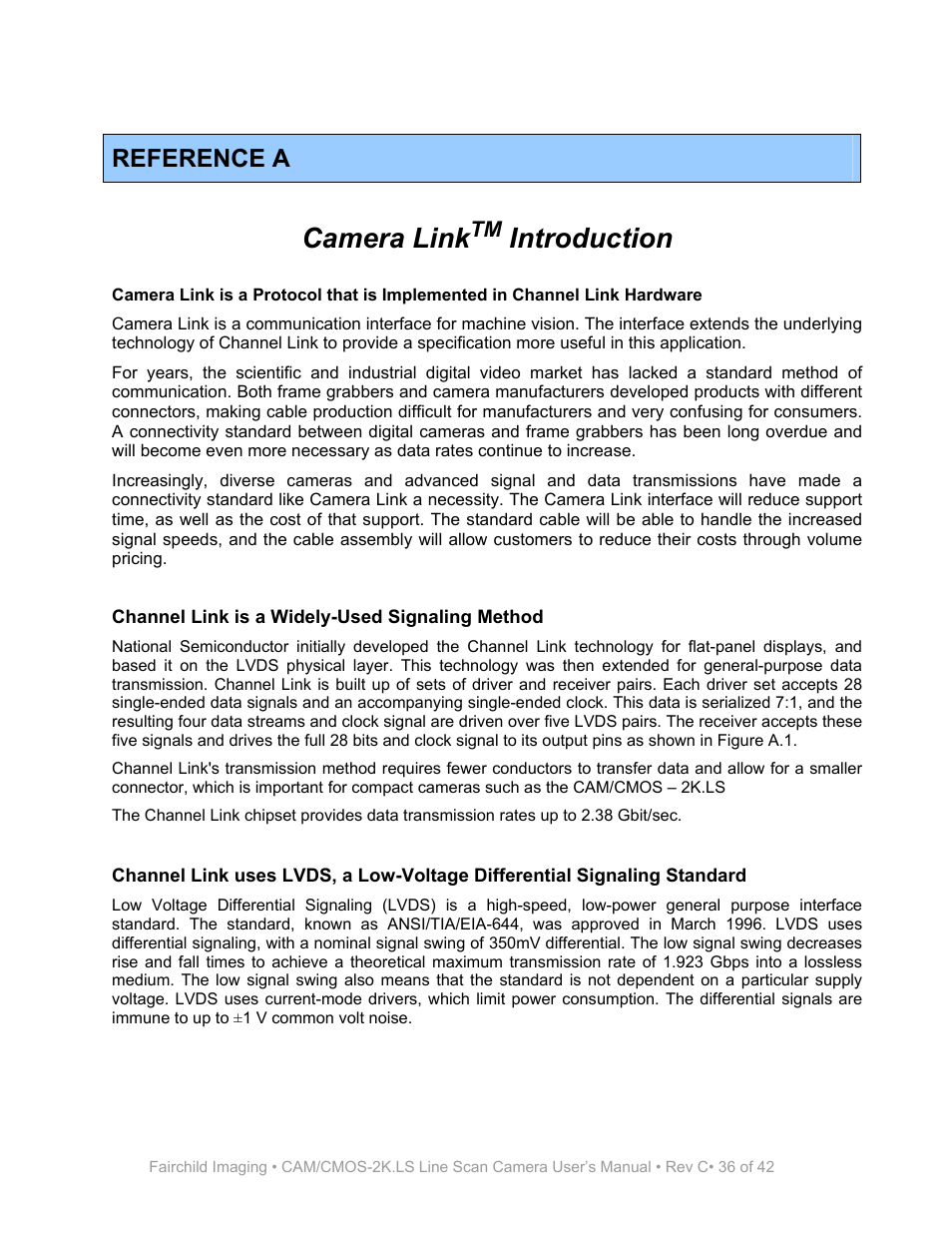 Reference a, Camera link, Introduction | Fairchild CAM/CMOS-2K.LS User Manual | Page 36 / 42