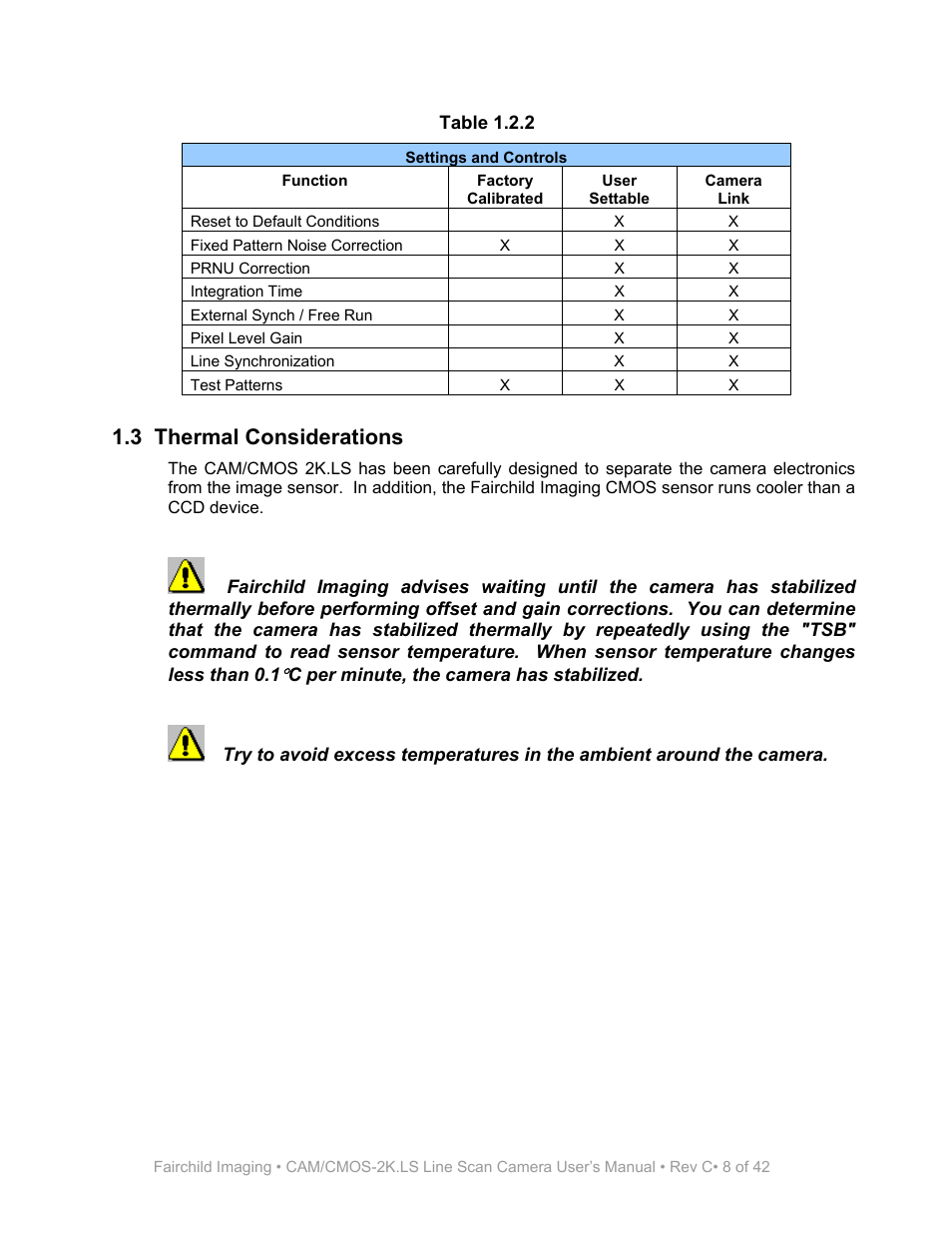 Table 1.2.2, Settings and controls, 3 thermal considerations | Fairchild CAM/CMOS-2K.LS User Manual | Page 8 / 42