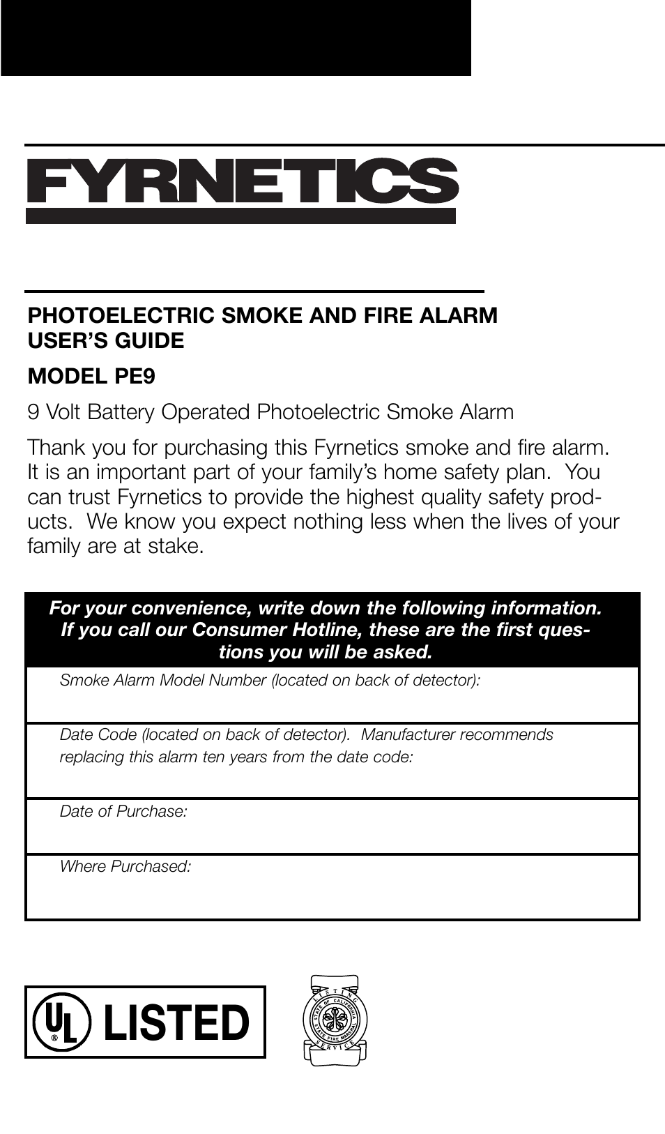 Fyrnetics PE9 User Manual | 6 pages