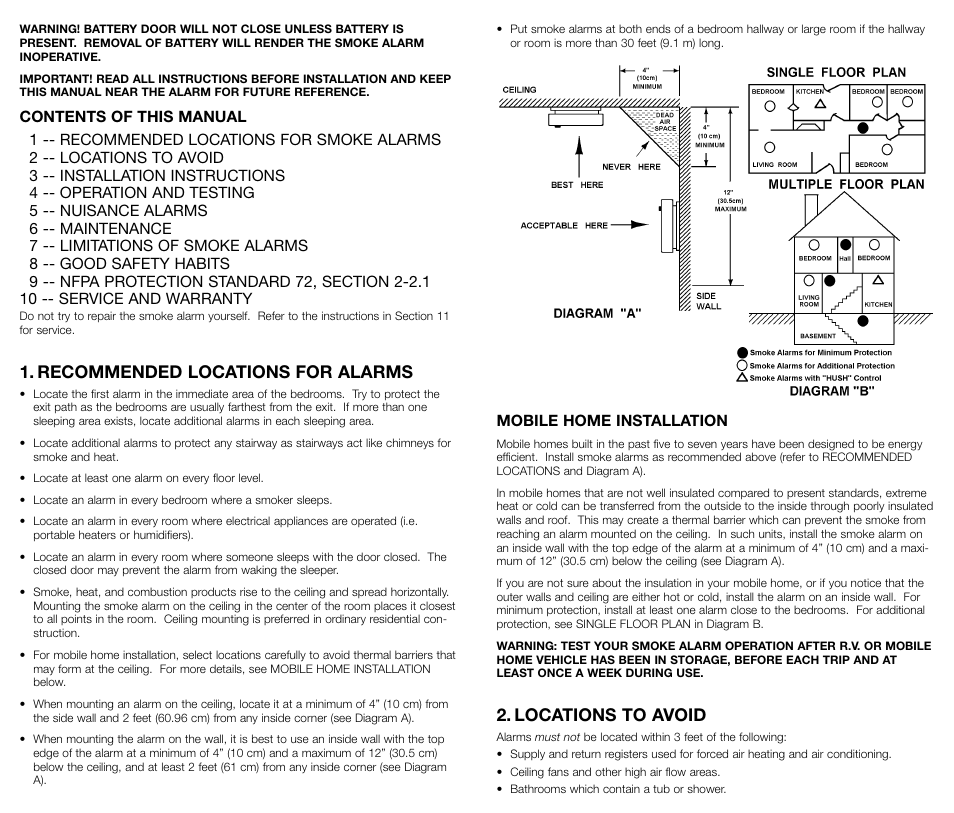 Recommended locations for alarms, Locations to avoid | Fyrnetics PE9 User Manual | Page 2 / 6