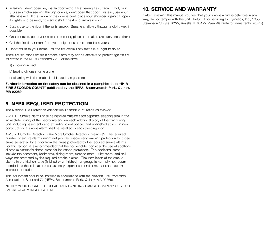 Nfpa required protection, Service and warranty | Fyrnetics PE9 User Manual | Page 5 / 6