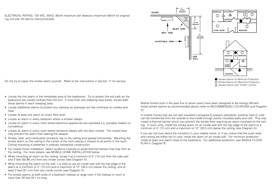 Recommended locations for detectors, Mobile home installation | Fyrnetics PE120 User Manual | Page 2 / 6