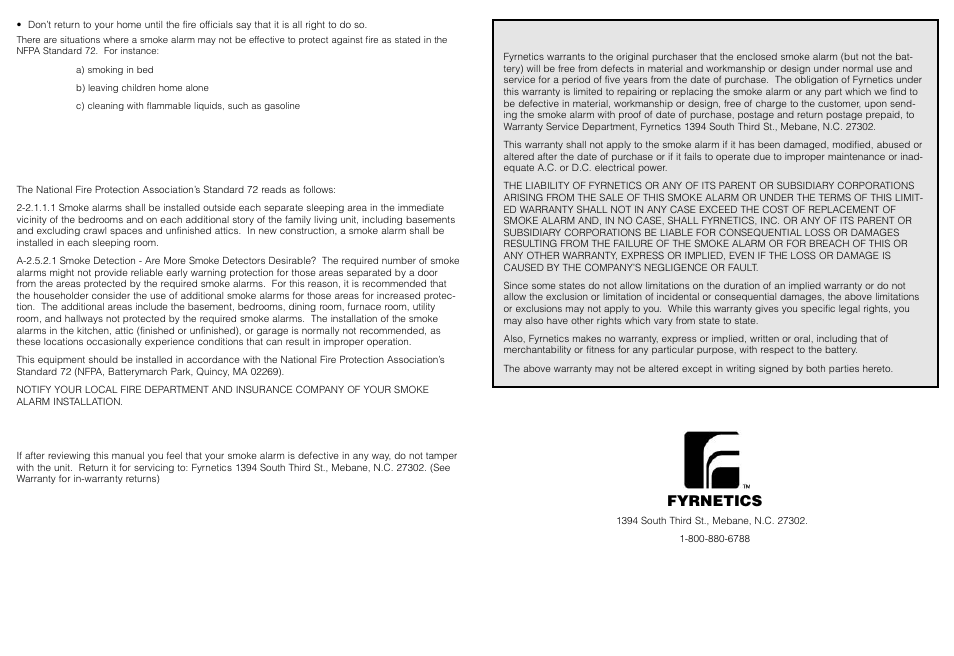 Nfpa required protection, Service and warranty, Fyrnetics | Fyrnetics PE120 User Manual | Page 6 / 6