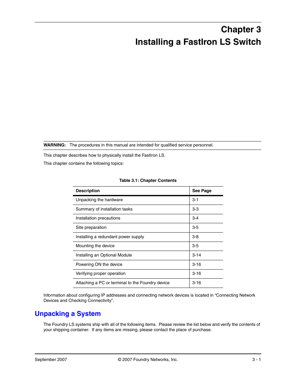 Installing a fastiron ls switch, Unpacking a system, Hapter | Nstalling, Ls s, Witch, Npacking, Ystem, Chapter 3 installing a fastiron ls switch | Foundry Networks LS 648 User Manual | Page 17 / 76