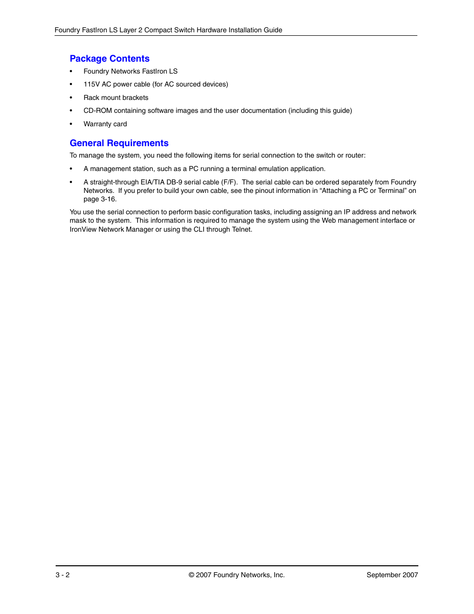 Package contents, General requirements, Ackage | Ontents, Eneral, Equirements | Foundry Networks LS 648 User Manual | Page 18 / 76