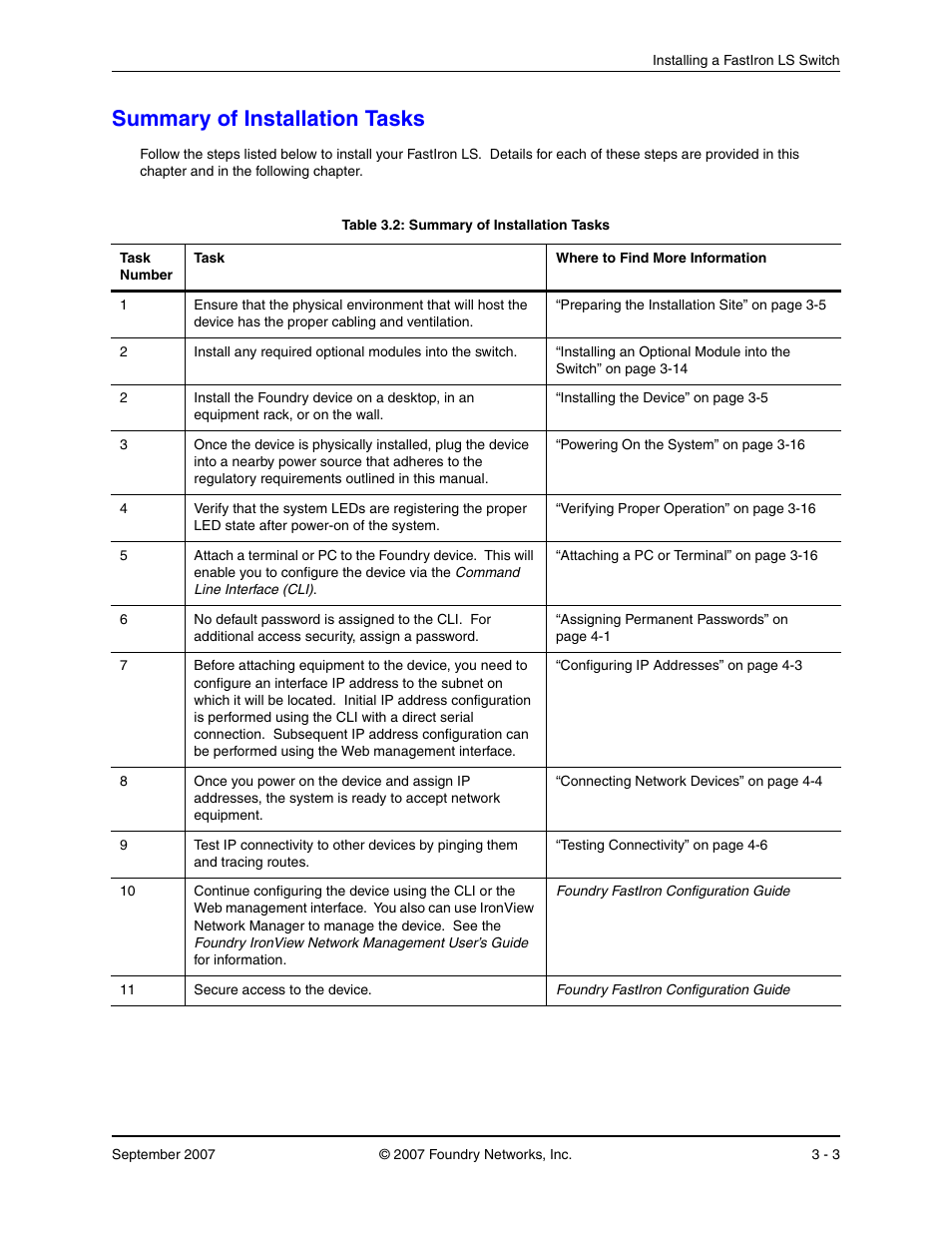 Summary of installation tasks, Ummary, Nstallation | Asks | Foundry Networks LS 648 User Manual | Page 19 / 76