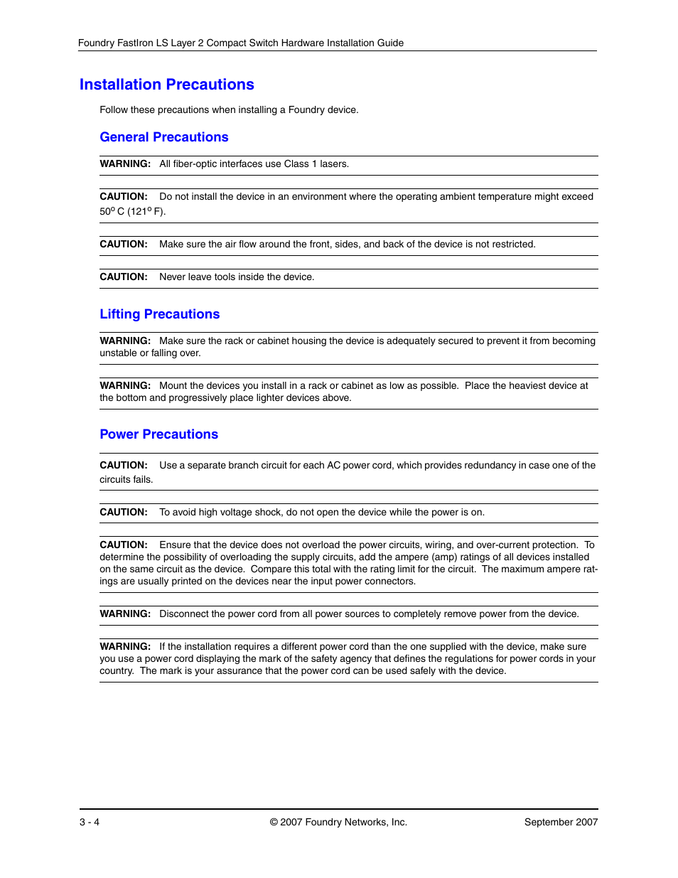 Installation precautions, General precautions, Lifting precautions | Power precautions, Nstallation, Recautions, Eneral, Ifting, Ower | Foundry Networks LS 648 User Manual | Page 20 / 76