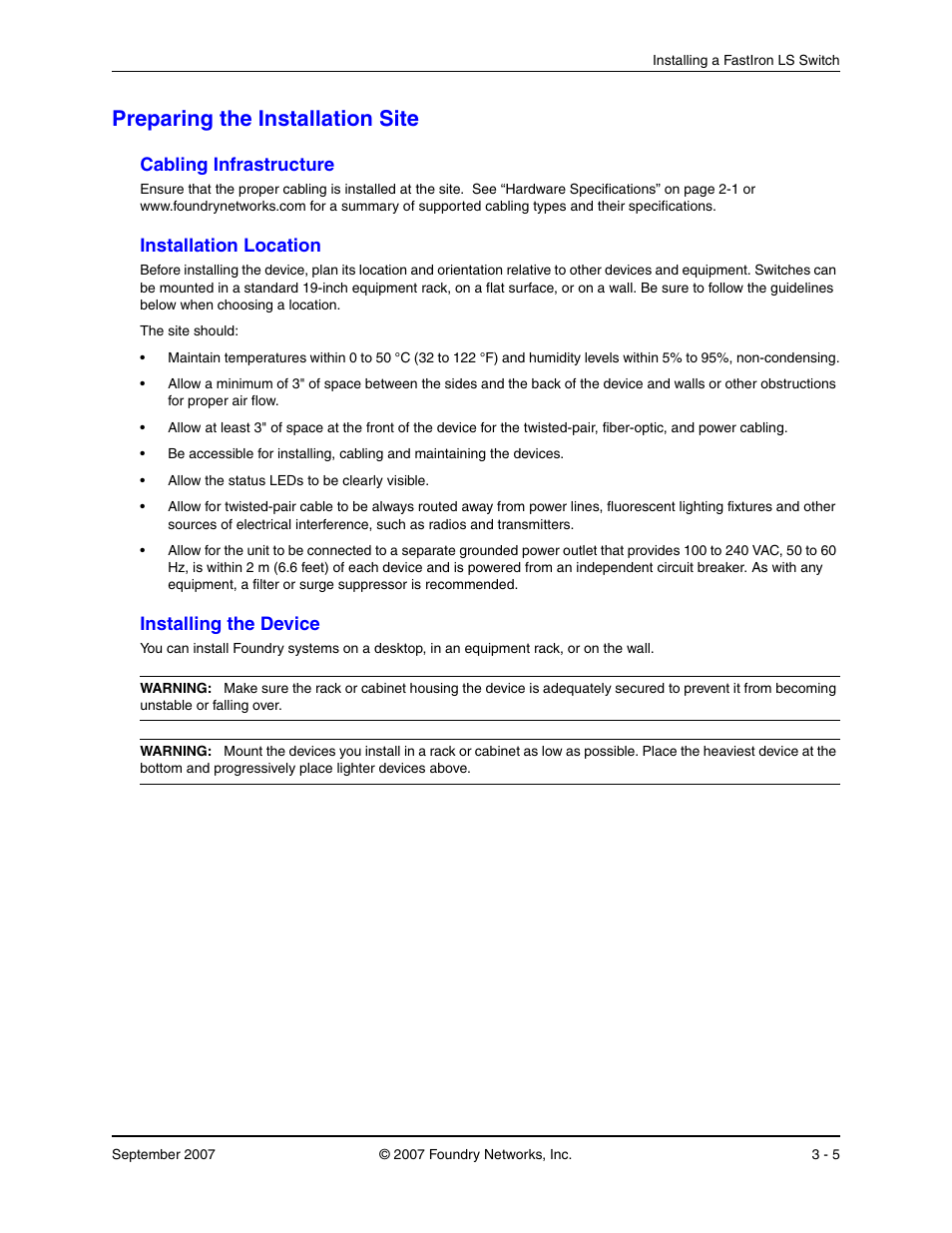 Preparing the installation site, Cabling infrastructure, Installation location | Installing the device, Reparing, Nstallation, Abling, Nfrastructure, Ocation, Nstalling | Foundry Networks LS 648 User Manual | Page 21 / 76