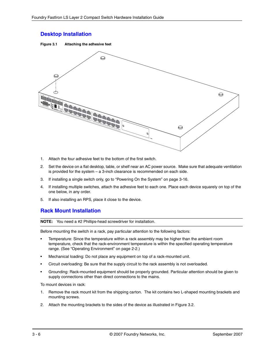 Desktop installation, Rack mount installation, Esktop | Nstallation, Ount | Foundry Networks LS 648 User Manual | Page 22 / 76