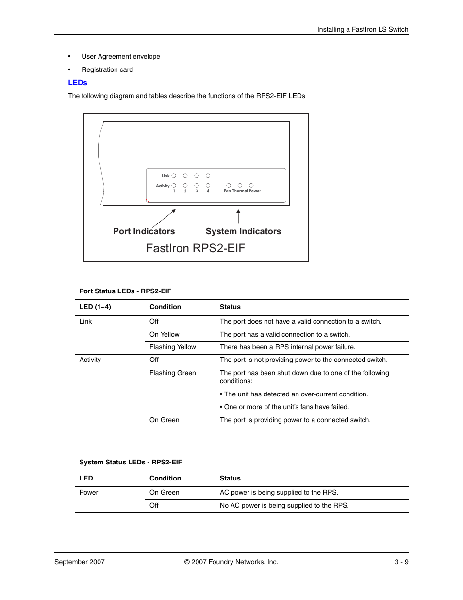 Fastiron rps2-eif, Port indicators system indicators | Foundry Networks LS 648 User Manual | Page 25 / 76