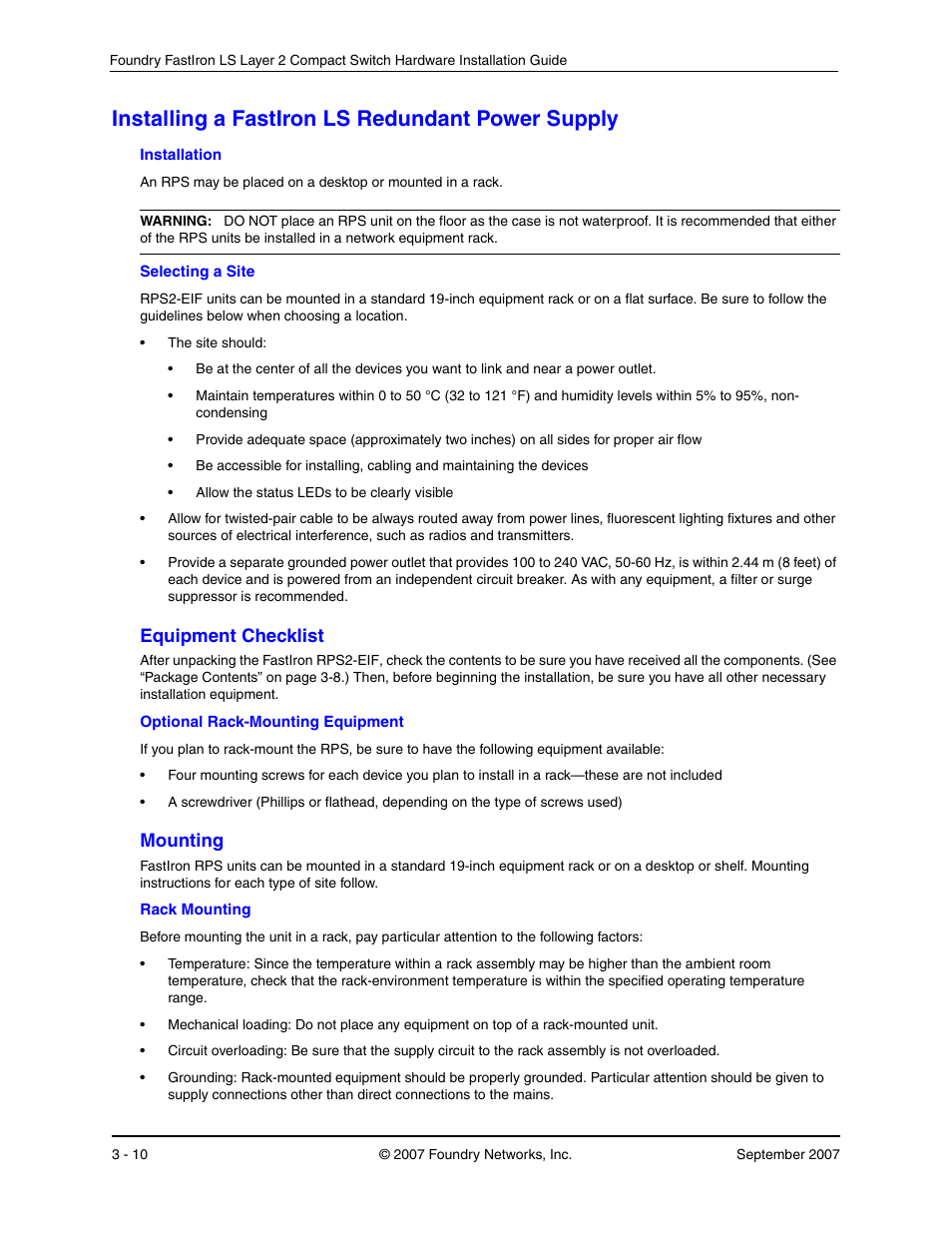 Installing a fastiron ls redundant power supply, Equipment checklist, Mounting | Nstalling, Ls r, Edundant, Ower, Upply, Quipment, Hecklist | Foundry Networks LS 648 User Manual | Page 26 / 76