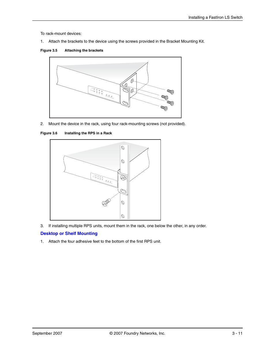 Desktop or shelf mounting, Figure 3.5 attaching the brackets, Figure 3.6 installing the rps in a rack | Foundry Networks LS 648 User Manual | Page 27 / 76