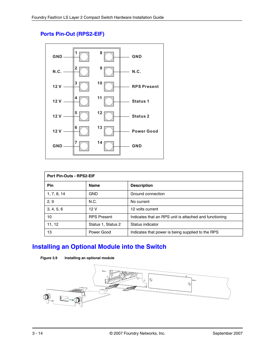 Ports pin-out (rps2-eif), Installing an optional module into the switch, Orts | Rps2-eif) -14, Nstalling, Ptional, Odule, Into, Witch | Foundry Networks LS 648 User Manual | Page 30 / 76