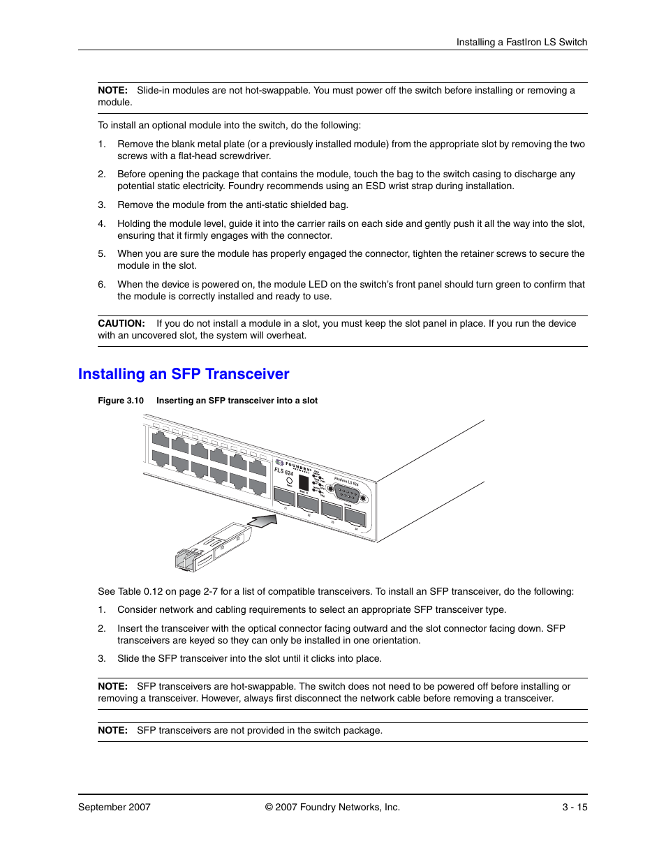 Installing an sfp transceiver, Nstalling, Sfp t | Ransceiver | Foundry Networks LS 648 User Manual | Page 31 / 76