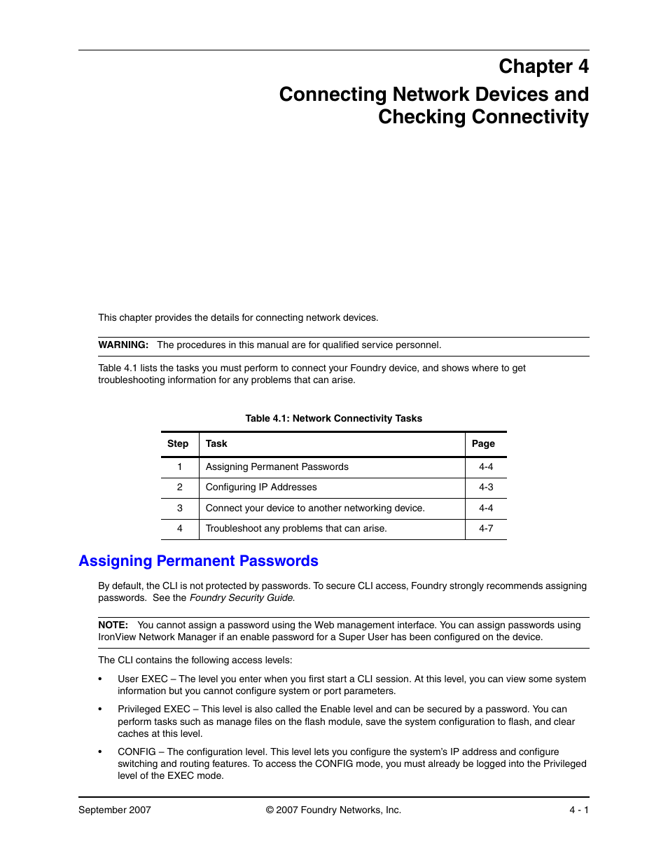 Assigning permanent passwords, Hapter, Onnecting | Etwork, Evices, Hecking, Onnectivity, Ssigning, Ermanent, Asswords | Foundry Networks LS 648 User Manual | Page 35 / 76