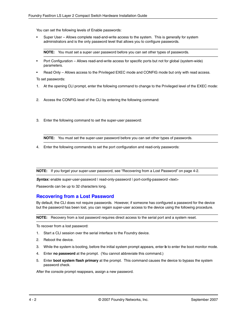 Recovering from a lost password, Ecovering, From | Assword | Foundry Networks LS 648 User Manual | Page 36 / 76