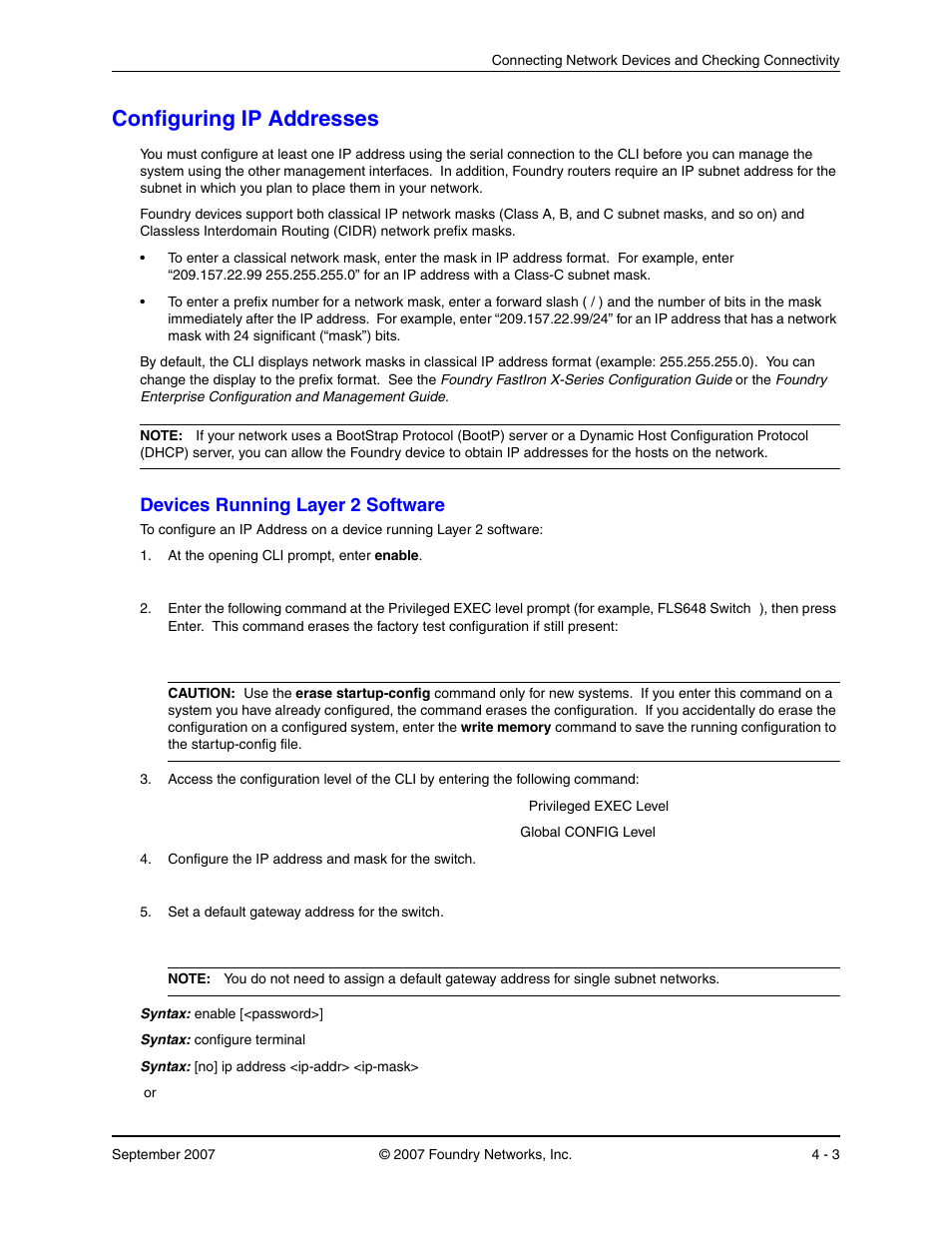 Configuring ip addresses, Devices running layer 2 software, Onfiguring | Ip a, Ddresses, Evices, Unning, Ayer, Oftware | Foundry Networks LS 648 User Manual | Page 37 / 76