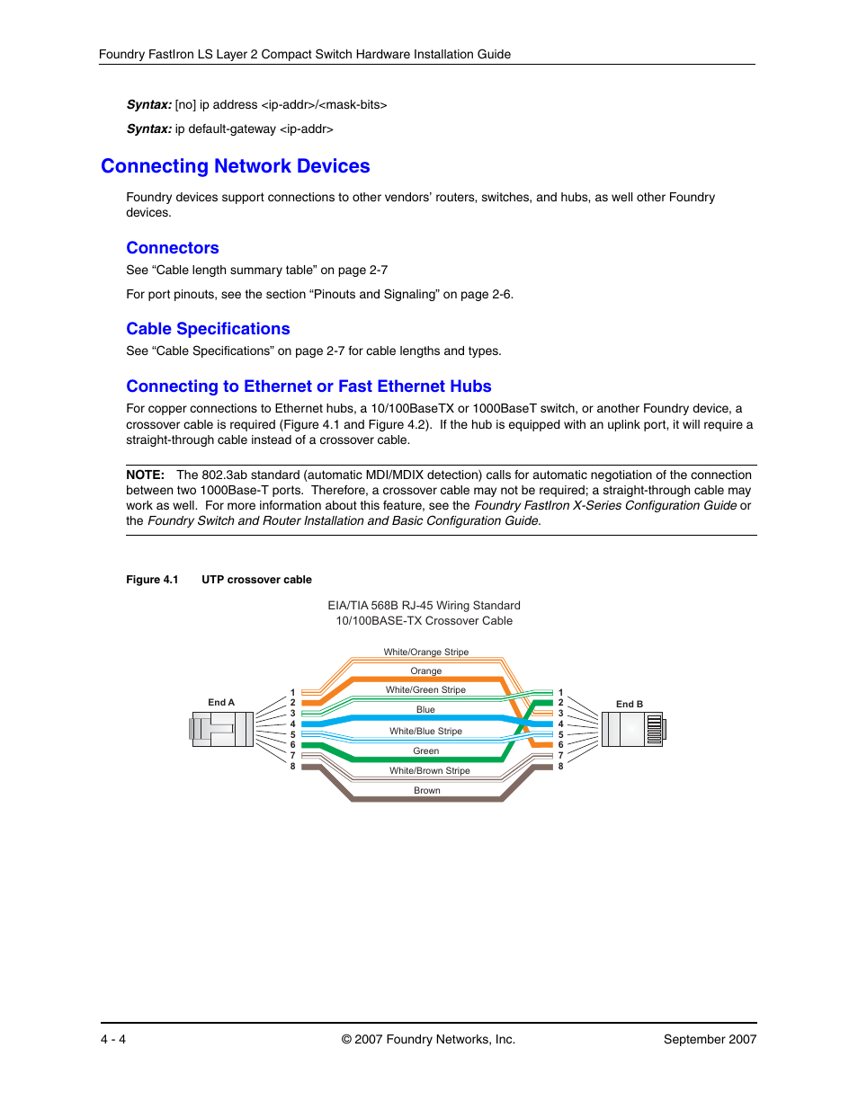 Connecting network devices, Connectors, Cable specifications | Connecting to ethernet or fast ethernet hubs, Onnecting, Etwork, Evices, Onnectors, Able, Pecifications | Foundry Networks LS 648 User Manual | Page 38 / 76