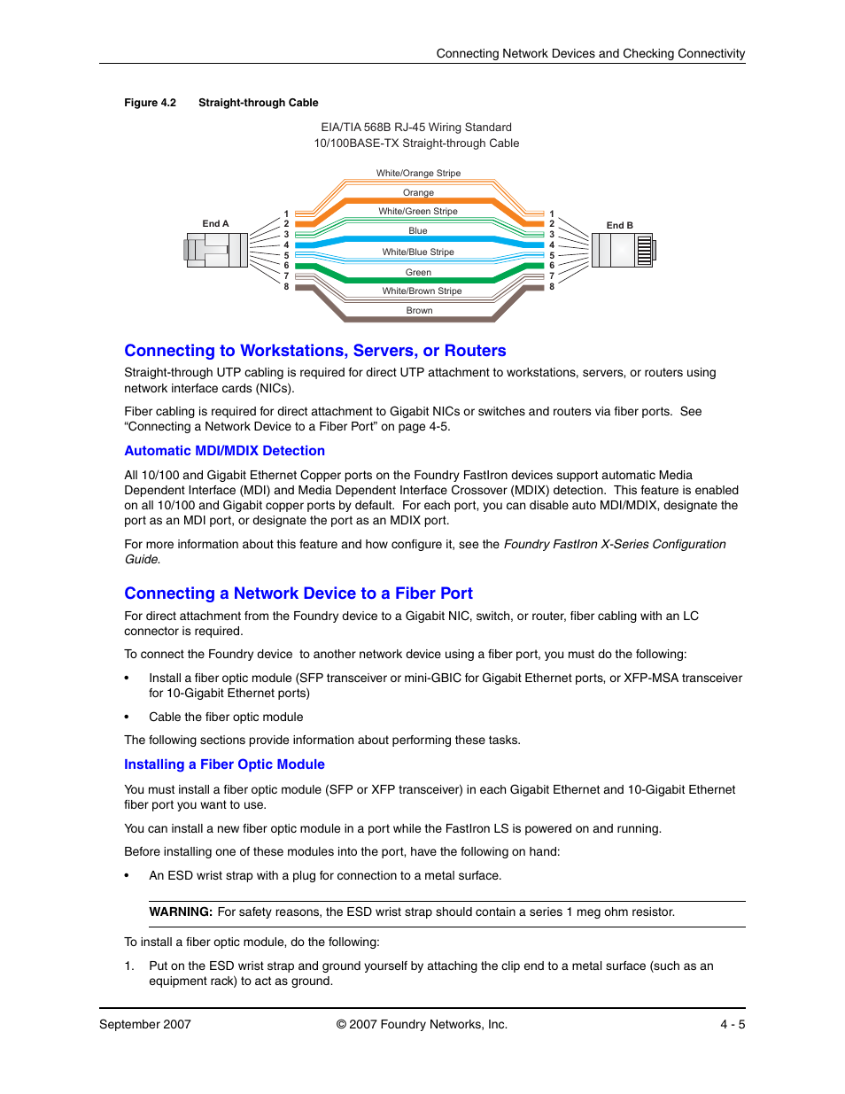 Connecting to workstations, servers, or routers, Connecting a network device to a fiber port, Onnecting | Orkstations, Ervers, Outers, Etwork, Evice, Iber | Foundry Networks LS 648 User Manual | Page 39 / 76