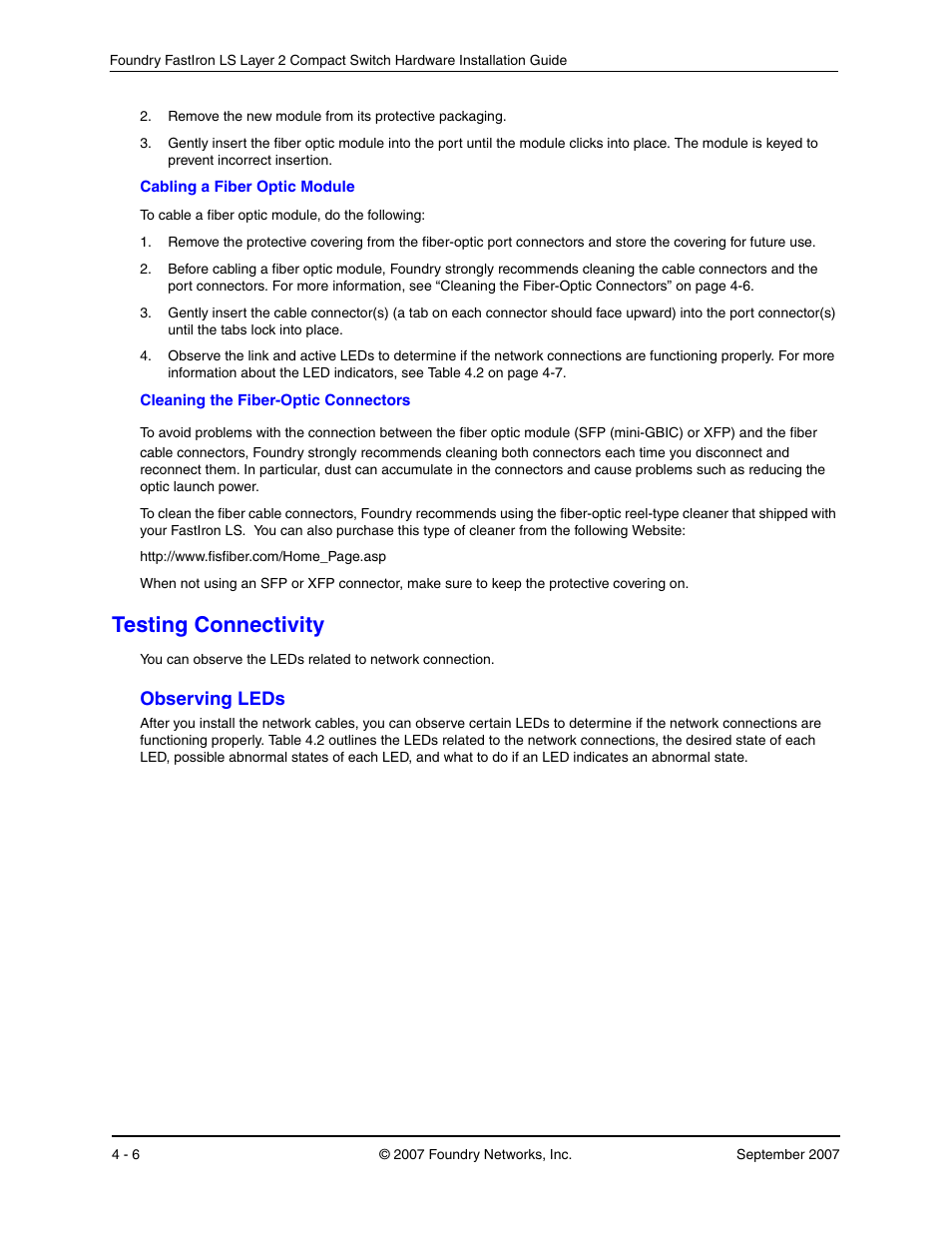 Testing connectivity, Observing leds, Esting | Onnectivity, Bserving | Foundry Networks LS 648 User Manual | Page 40 / 76