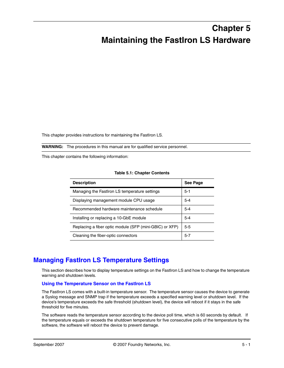 Maintaining the fastiron ls hardware, Managing fastiron ls temperature settings, Using the temperature sensor on the fastiron ls | Hapter, Aintaining, Ls h, Ardware, Anaging, Ls t, Emperature | Foundry Networks LS 648 User Manual | Page 43 / 76