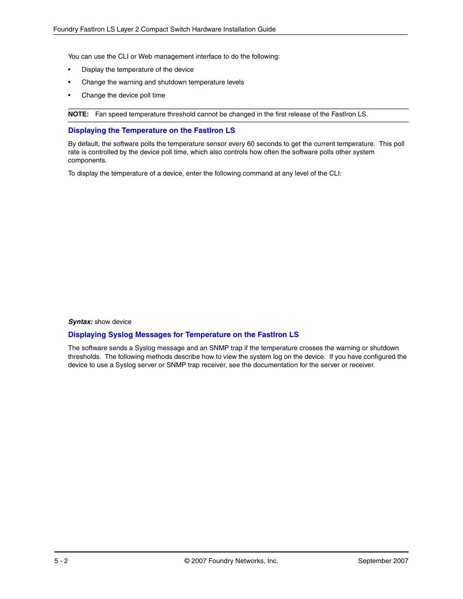 Displaying the temperature on the fastiron ls | Foundry Networks LS 648 User Manual | Page 44 / 76