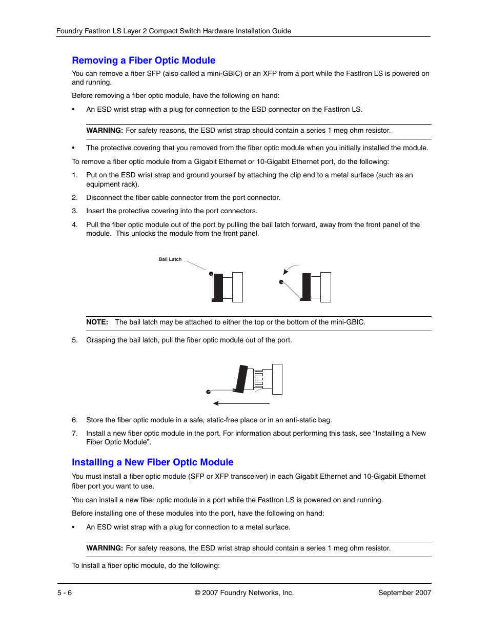 Removing a fiber optic module, Installing a new fiber optic module, Emoving | Iber, Ptic, Odule, Nstalling | Foundry Networks LS 648 User Manual | Page 48 / 76