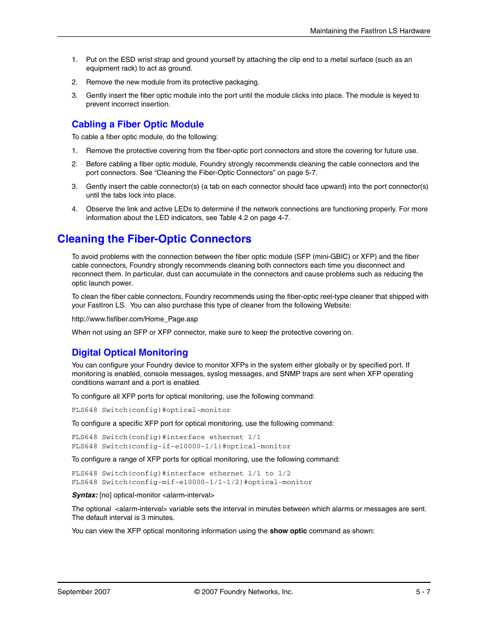 Cabling a fiber optic module, Cleaning the fiber-optic connectors, Digital optical monitoring | Abling, Iber, Ptic, Odule, Leaning, Onnectors, Igital | Foundry Networks LS 648 User Manual | Page 49 / 76