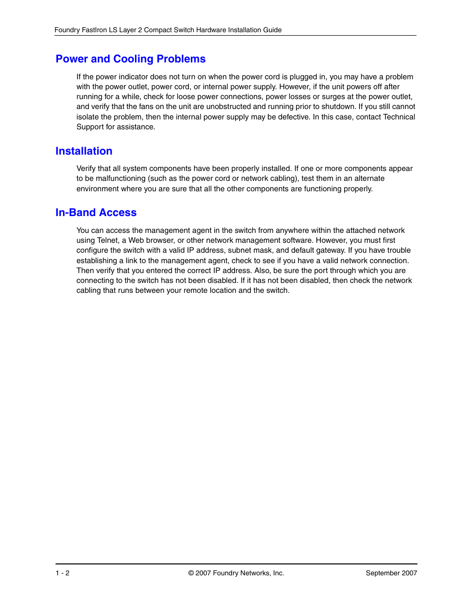 Power and cooling problems, Installation, In-band access | Ower, Ooling, Roblems, Nstallation, Ccess | Foundry Networks LS 648 User Manual | Page 54 / 76