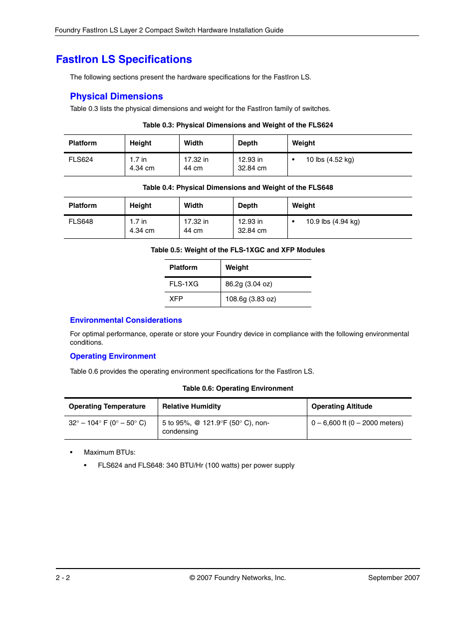 Fastiron ls specifications, Physical dimensions, Ls s | Pecifications, Hysical, Imensions | Foundry Networks LS 648 User Manual | Page 56 / 76