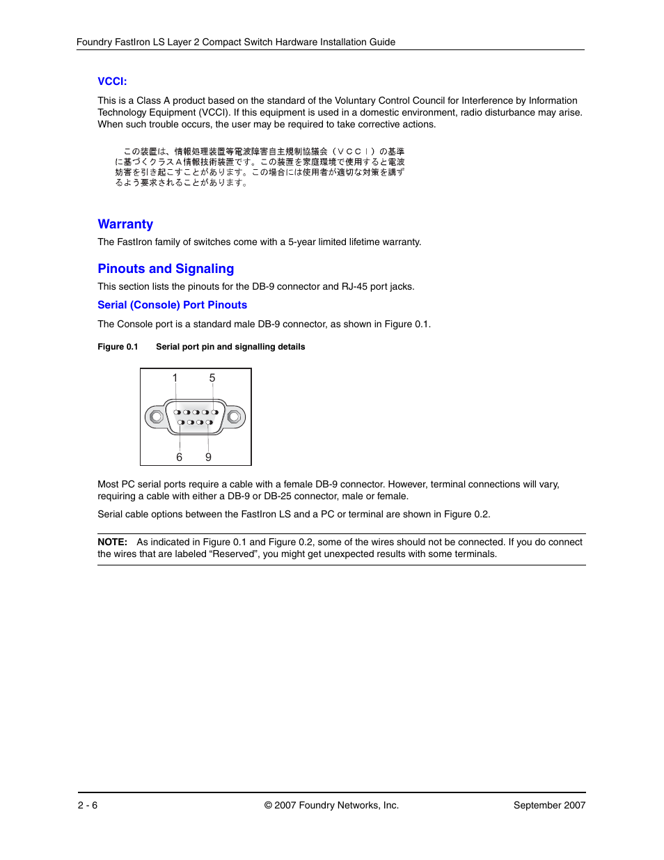 Warranty, Pinouts and signaling, Arranty | Inouts, Ignaling | Foundry Networks LS 648 User Manual | Page 60 / 76