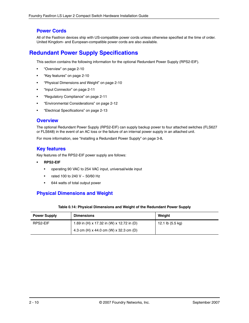 Power cords, Redundant power supply specifications, Overview | Key features, Physical dimensions and weight, Ower, Ords, Edundant, Upply, Pecifications | Foundry Networks LS 648 User Manual | Page 64 / 76