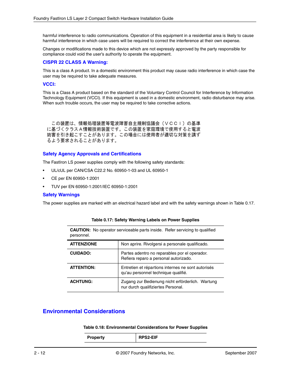 Environmental considerations, Nvironmental, Onsiderations | Foundry Networks LS 648 User Manual | Page 66 / 76