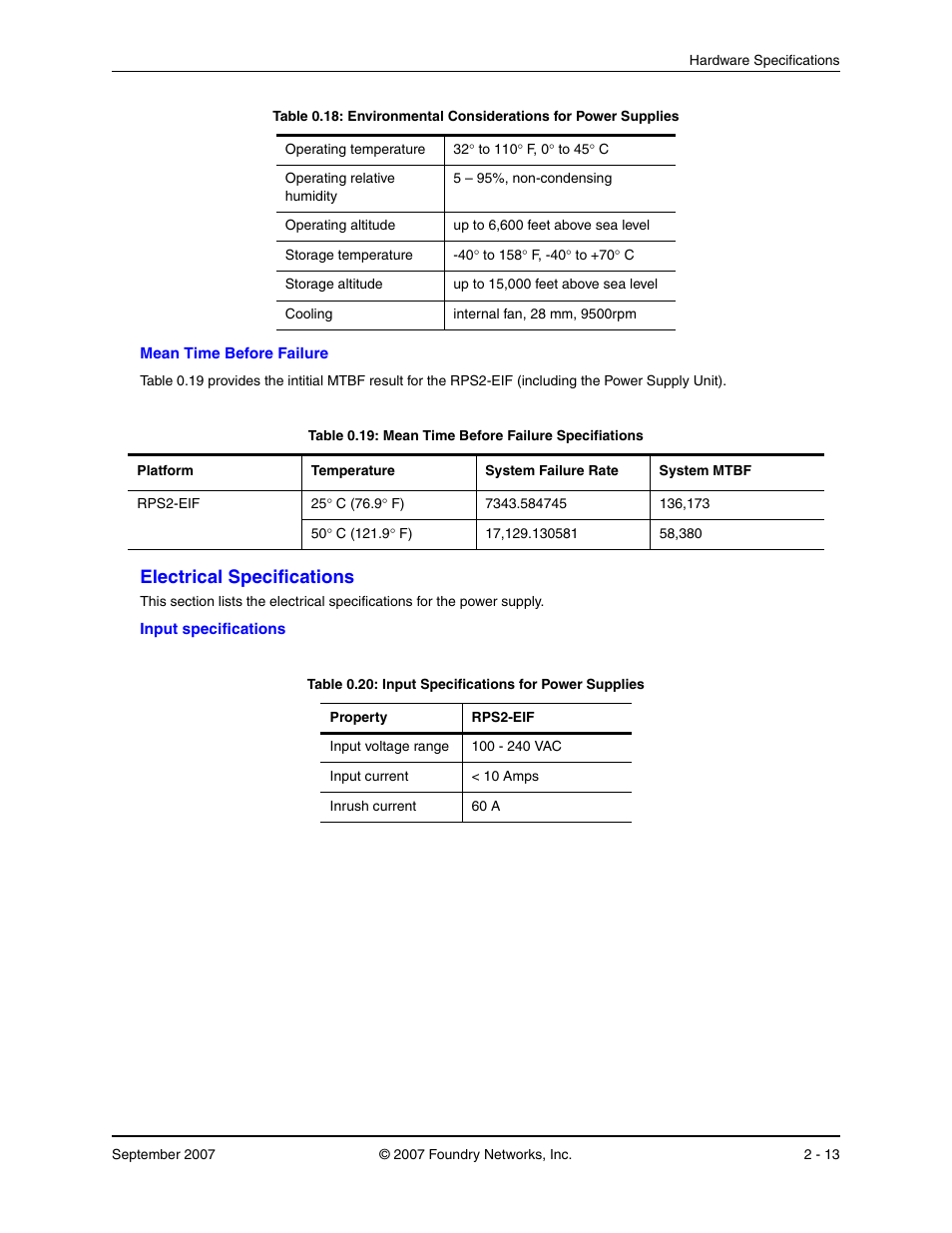 Electrical specifications, Lectrical, Pecifications | Foundry Networks LS 648 User Manual | Page 67 / 76