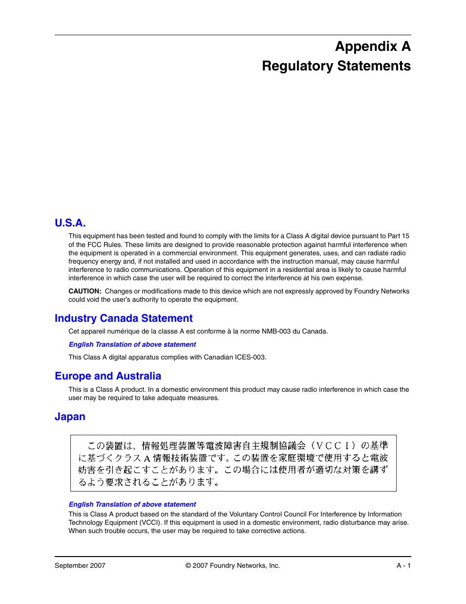 Regulatory statements, U.s.a, Industry canada statement | Europe and australia, Japan, Ppendix, Egulatory, Tatements, Ndustry, Anada | Foundry Networks LS 648 User Manual | Page 69 / 76