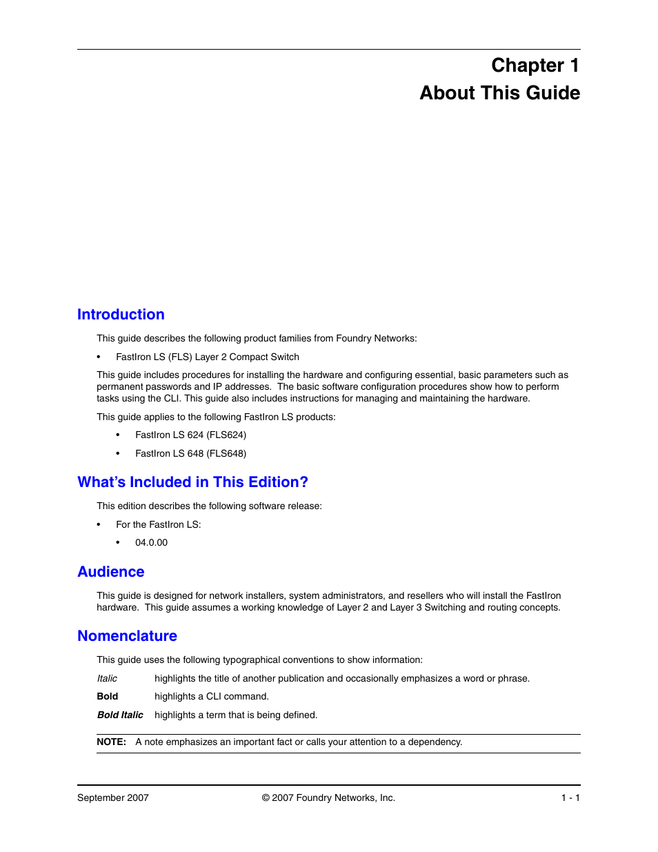 About this guide, Introduction, What’s included in this edition | Audience, Nomenclature, Hapter, Bout, Uide, Ntroduction, Ncluded | Foundry Networks LS 648 User Manual | Page 7 / 76