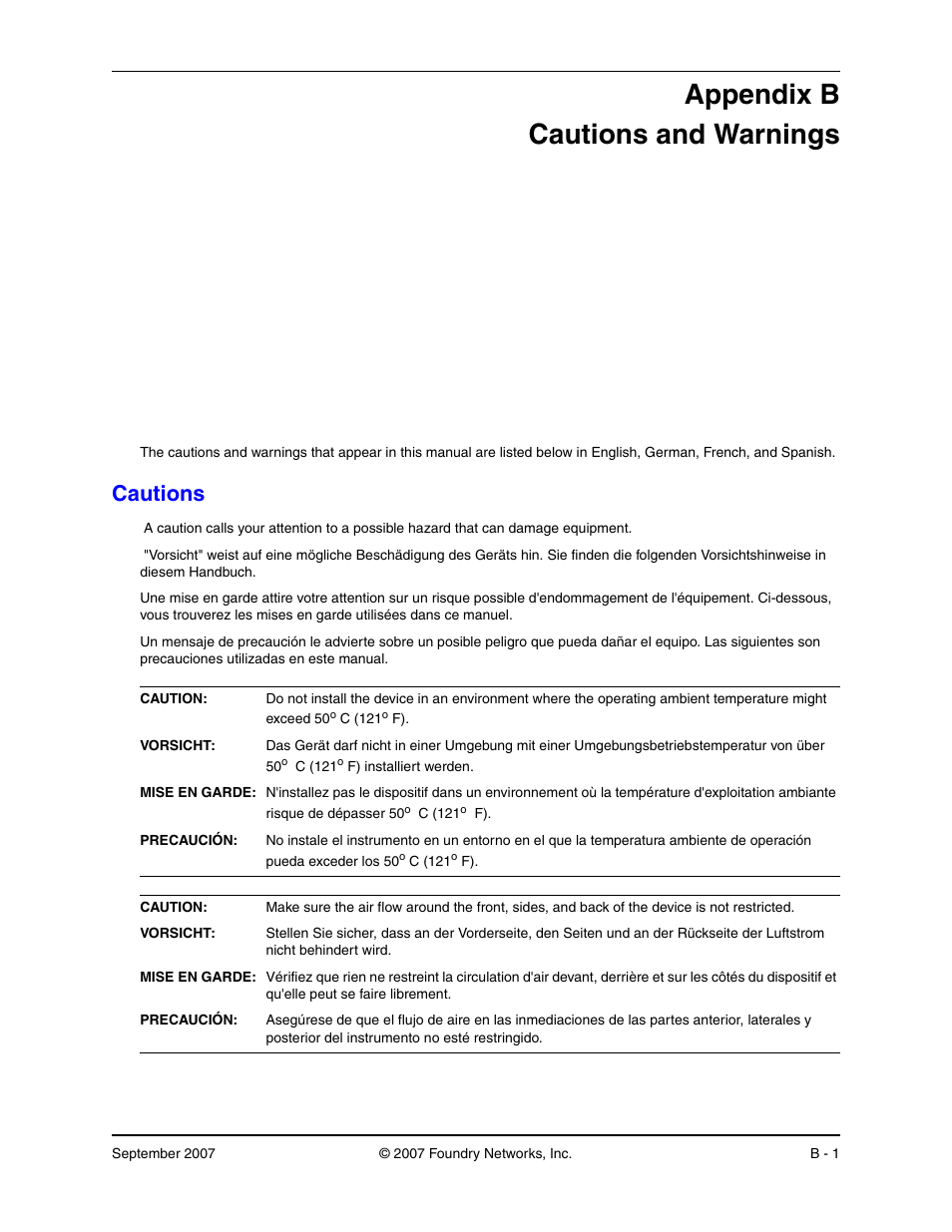 Cautions and warnings, Cautions, Ppendix | Autions, Arnings, Appendix b cautions and warnings | Foundry Networks LS 648 User Manual | Page 71 / 76