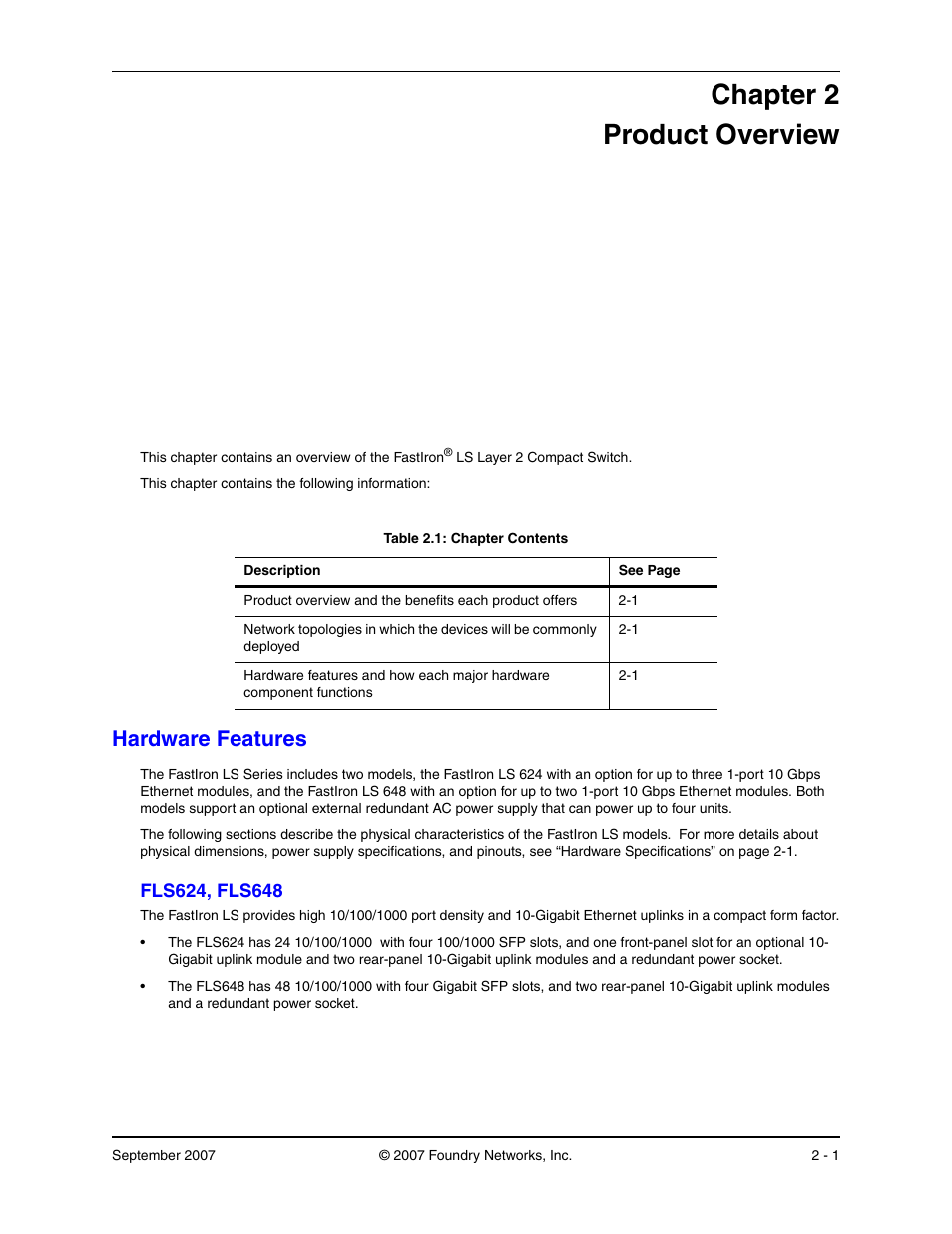 Product overview, Hardware features, Fls624, fls648 | Hapter, Roduct, Verview, Ardware, Eatures, Fls624, fls648 -1, Chapter 2 product overview | Foundry Networks LS 648 User Manual | Page 9 / 76