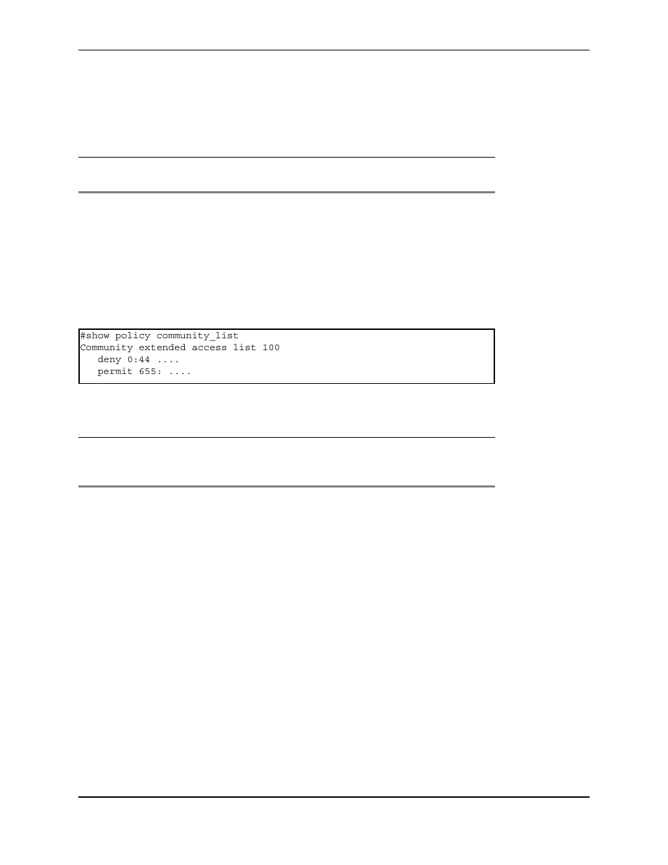 Show policy community_list, Parameter description, Community extended access list 100 | Deny 0:44, Permit 655, Show, Policy, Community, List | Foundry Networks AR3202-CL User Manual | Page 108 / 293