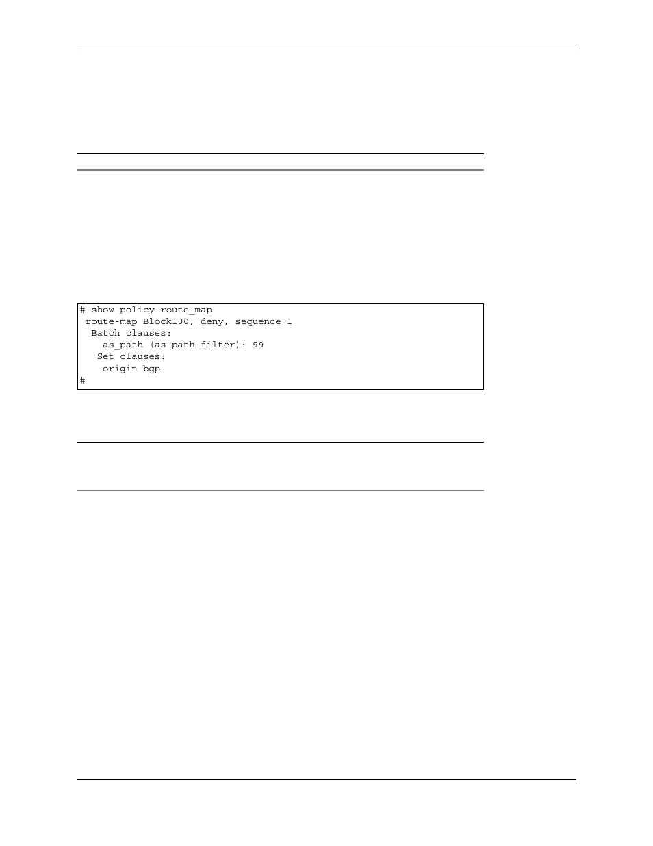 Show policy route_map, Parameter description, Route-map block100, deny, sequence 1 | Batch clauses, As_path (as-path filter): 99, Set clauses, Origin bgp, Show, Policy, Route | Foundry Networks AR3202-CL User Manual | Page 110 / 293