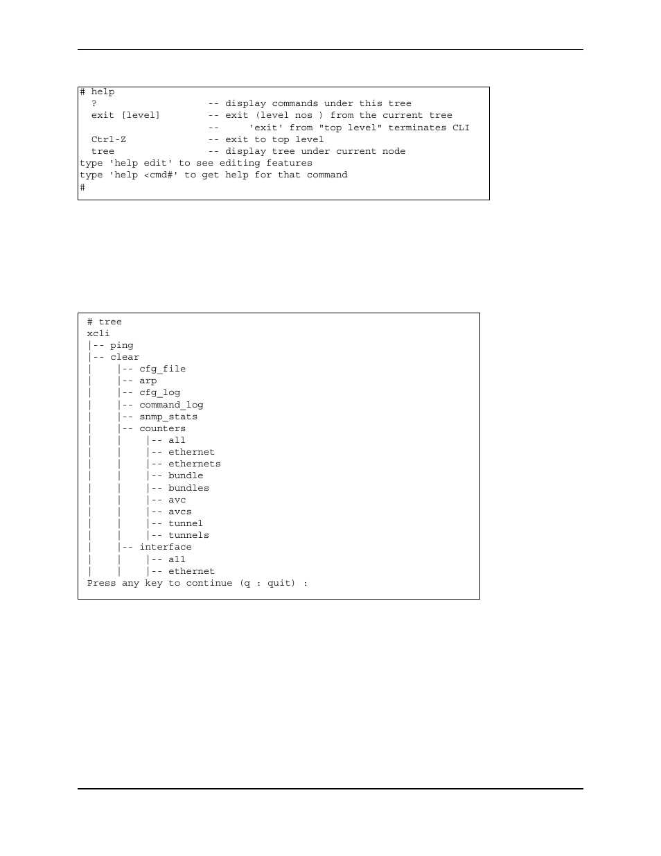 Help, Display commands under this tree, Exit' from 