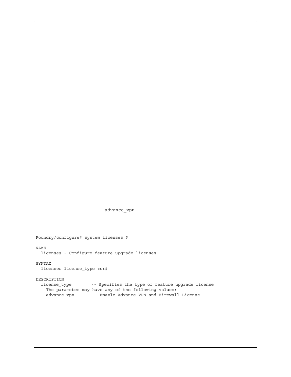 Security features, Introduction to security, Enabling security features | Foundry/configure# system licenses, Name, Licenses - configure feature upgrade licenses, Syntax, Licenses license_type <cr, Description, The parameter may have any of the following values | Foundry Networks AR3202-CL User Manual | Page 226 / 293