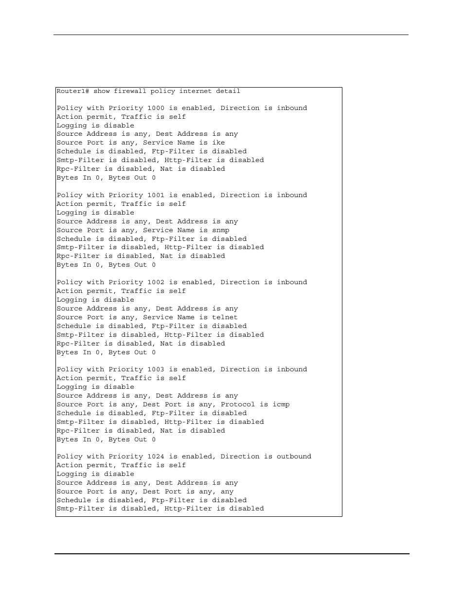 Router1# show firewall policy internet detail, Action permit, traffic is self, Logging is disable | Source address is any, dest address is any, Source port is any, service name is ike, Schedule is disabled, ftp-filter is disabled, Smtp-filter is disabled, http-filter is disabled, Rpc-filter is disabled, nat is disabled, Bytes in 0, bytes out 0, Source port is any, service name is snmp | Foundry Networks AR3202-CL User Manual | Page 233 / 293