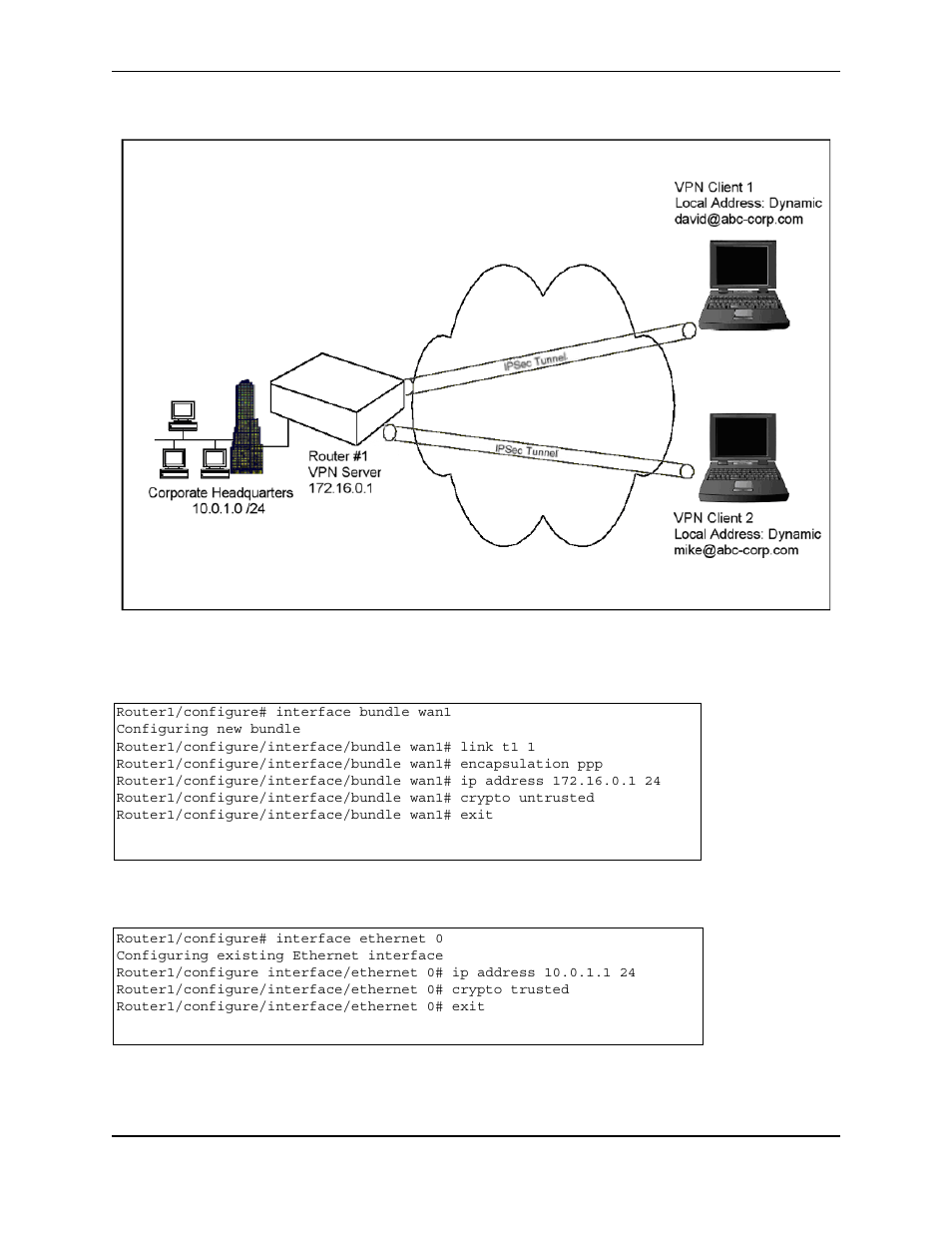 Router1/configure# interface bundle wan1, Configuring new bundle, Router1/configure/interface/bundle wan1# link t1 1 | Router1/configure/interface/bundle wan1# exit, Router1/configure# interface ethernet 0, Configuring existing ethernet interface, Router1/configure/interface/ethernet 0# exit | Foundry Networks AR3202-CL User Manual | Page 254 / 293