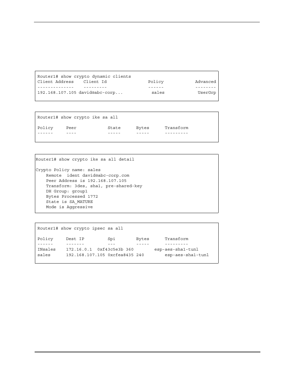 Router1# show crypto dynamic clients, Client address client id policy advanced, 105 david@abc-corp... sales usergrp | Router1# show crypto ike sa all, Policy peer state bytes transform, Router1# show crypto ike sa all detail, Crypto policy name: sales, Remote ident david@abc-corp.com, Peer address is 192.168.107.105, Transform: 3des, sha1, pre-shared-key | Foundry Networks AR3202-CL User Manual | Page 261 / 293