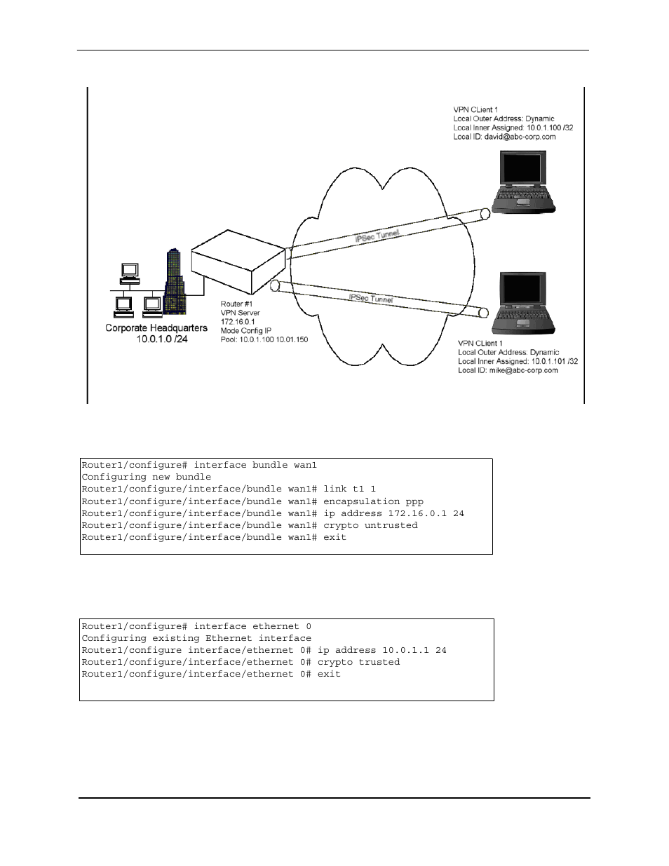 Router1/configure# interface bundle wan1, Configuring new bundle, Router1/configure/interface/bundle wan1# link t1 1 | Router1/configure/interface/bundle wan1# exit, Router1/configure# interface ethernet 0, Configuring existing ethernet interface, Router1/configure/interface/ethernet 0# exit | Foundry Networks AR3202-CL User Manual | Page 263 / 293