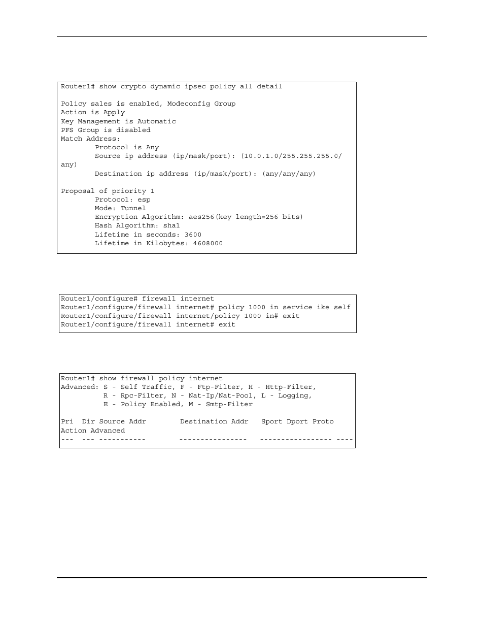 Policy sales is enabled, modeconfig group, Action is apply, Key management is automatic | Pfs group is disabled, Match address, Protocol is any, Proposal of priority 1, Protocol: esp, Mode: tunnel, Encryption algorithm: aes256(key length=256 bits) | Foundry Networks AR3202-CL User Manual | Page 266 / 293